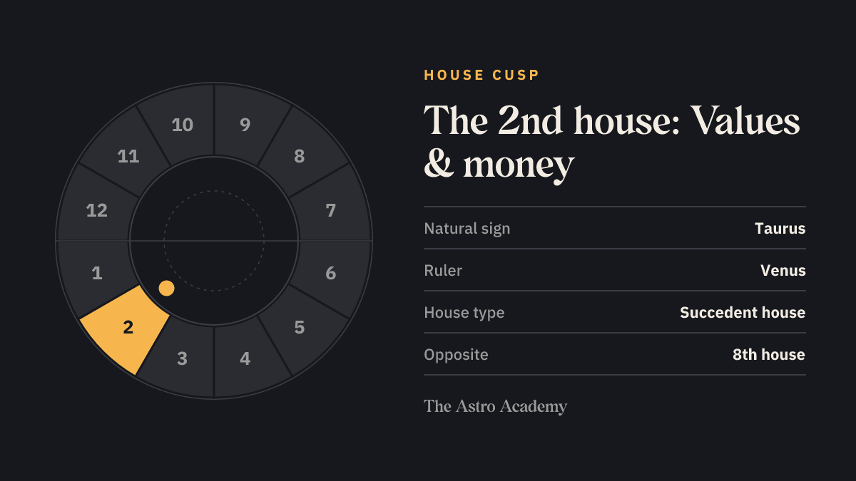 House wheel with twelve sections; the 2nd house (Values & money) is highlighted