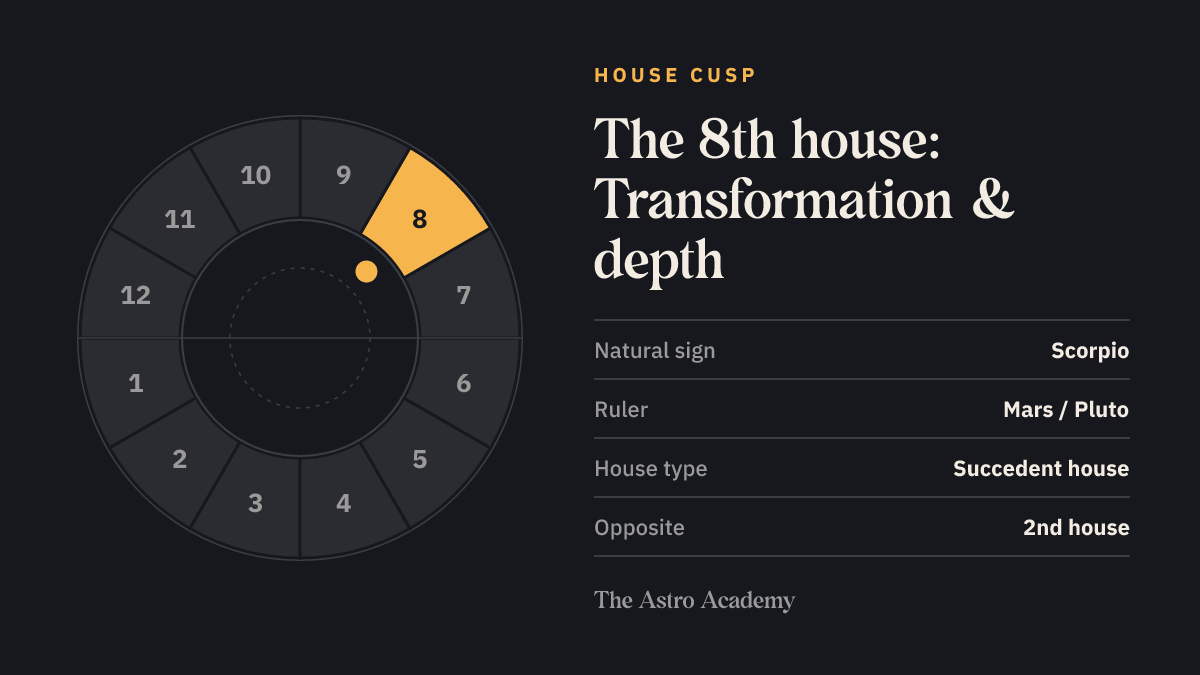 House wheel with twelve sections; the 8th house (Transformation & depth) is highlighted