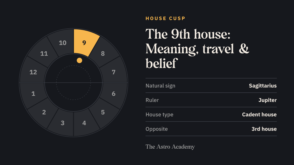 House wheel with twelve sections; the 9th house (Meaning, travel & belief) is highlighted