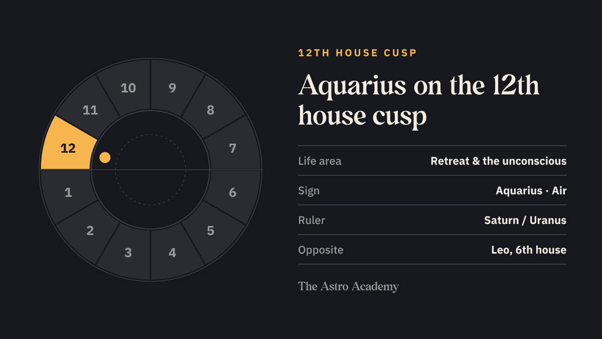 House wheel with the 12th house highlighted, with Aquarius on its cusp; opposite sits Leo on the 6th house