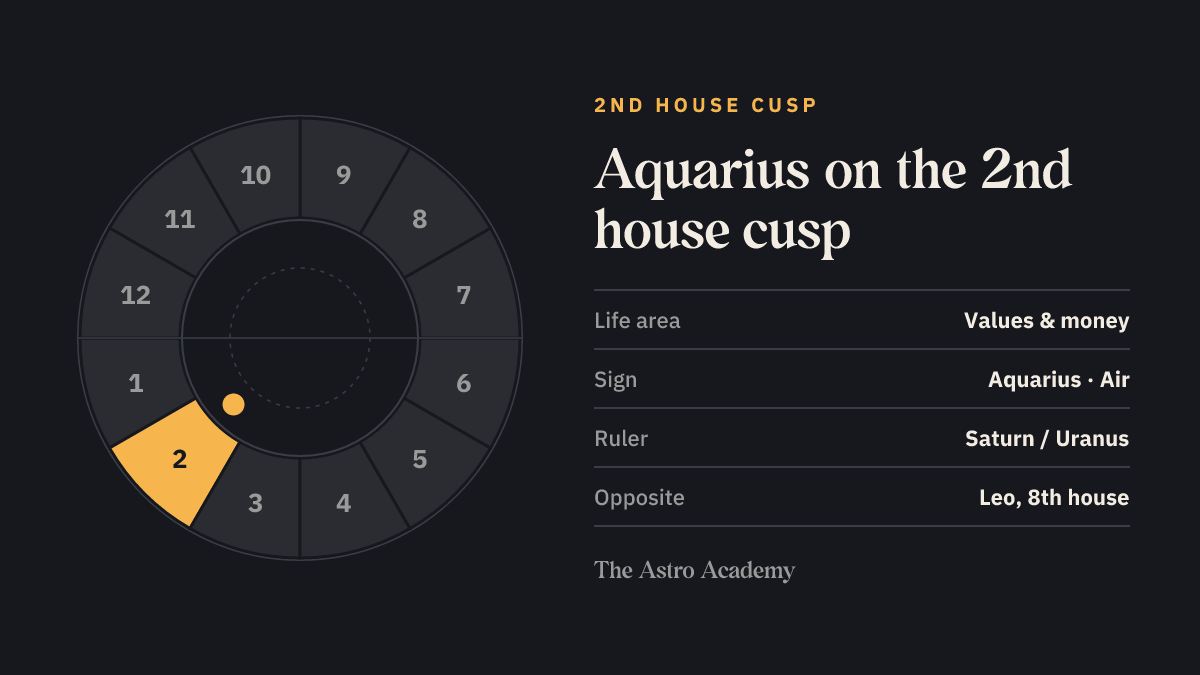 House wheel with the 2nd house highlighted, with Aquarius on its cusp; opposite sits Leo on the 8th house