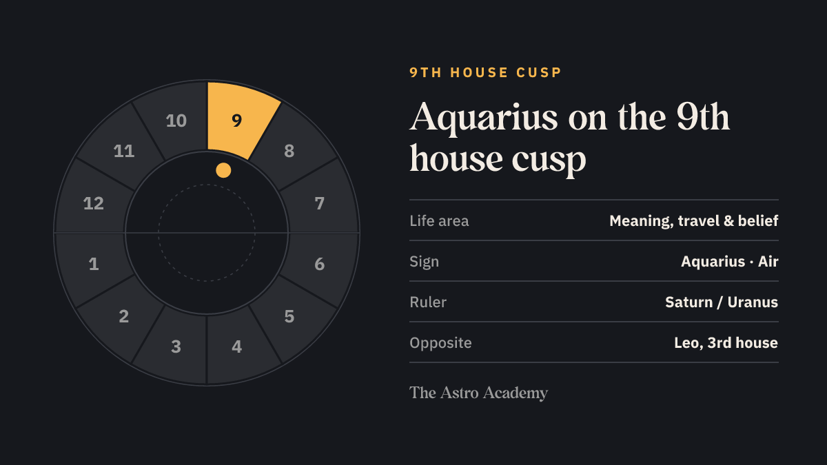 House wheel with the 9th house highlighted, with Aquarius on its cusp; opposite sits Leo on the 3rd house