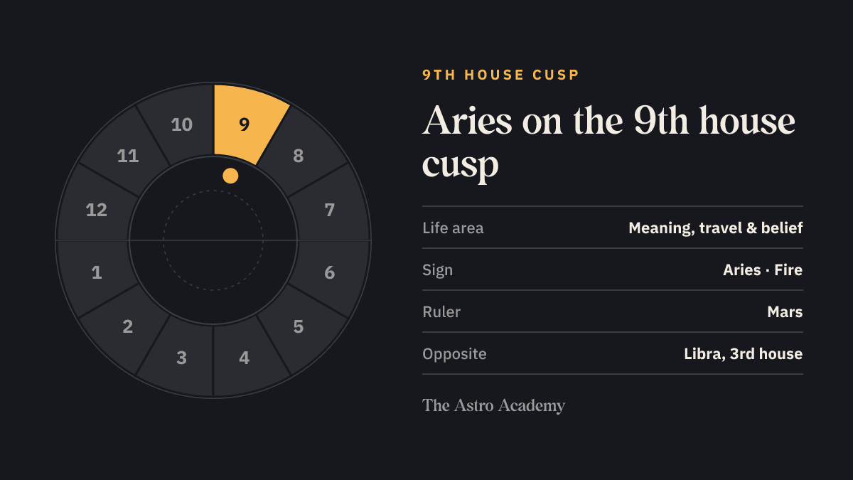 House wheel with the 9th house highlighted, with Aries on its cusp; opposite sits Libra on the 3rd house