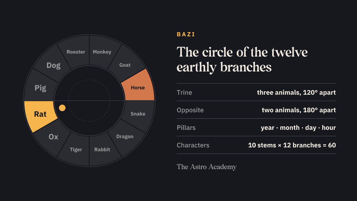 Circle of the twelve Chinese earthly branches with the Rat at the top and the Horse opposite; animals 120 degrees apart form a trine.
