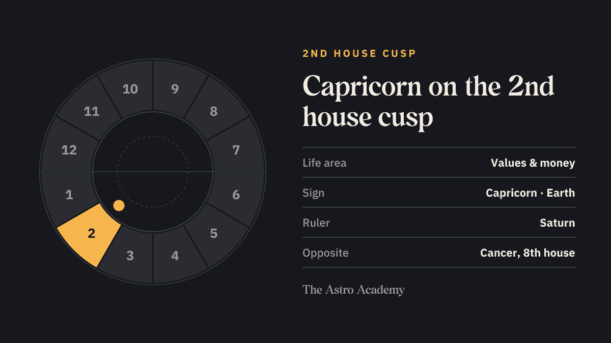 House wheel with the 2nd house highlighted, with Capricorn on its cusp; opposite sits Cancer on the 8th house