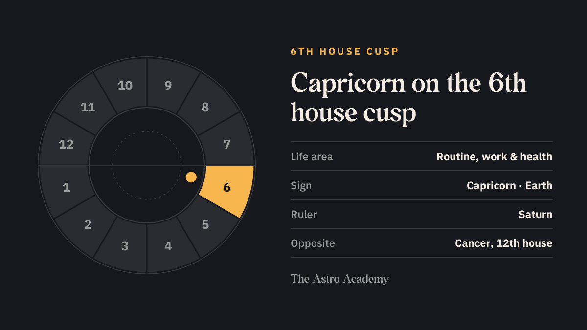 House wheel with the 6th house highlighted, with Capricorn on its cusp; opposite sits Cancer on the 12th house