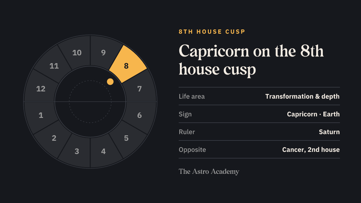 House wheel with the 8th house highlighted, with Capricorn on its cusp; opposite sits Cancer on the 2nd house