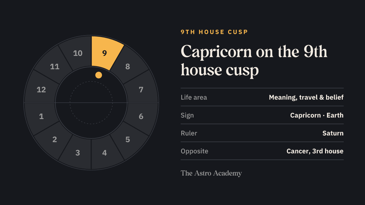 House wheel with the 9th house highlighted, with Capricorn on its cusp; opposite sits Cancer on the 3rd house