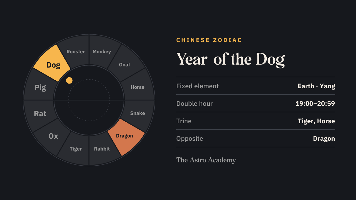 Circle of the twelve Chinese zodiac animals, the Dog highlighted, the Dragon opposite.