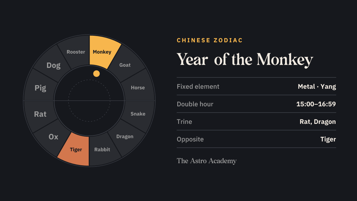 Circle of the twelve Chinese zodiac animals, the Monkey highlighted, the Tiger opposite.