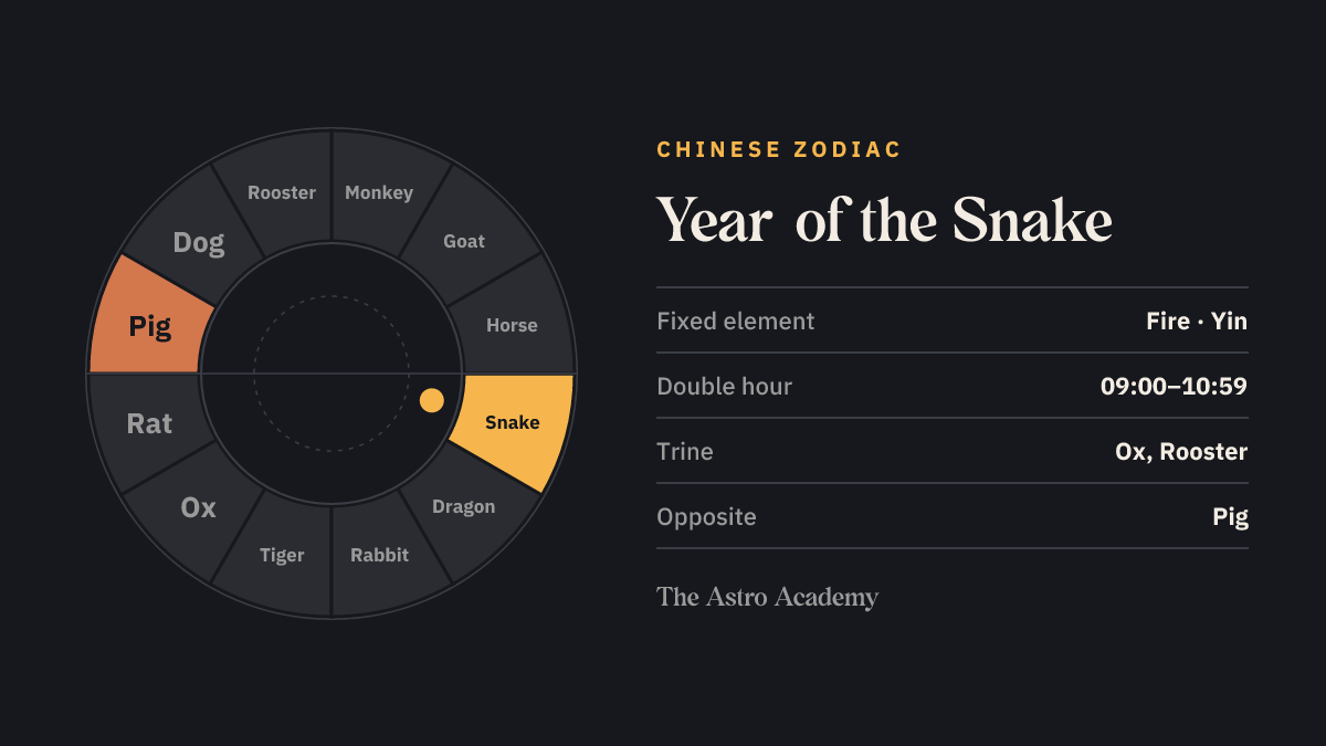 Circle of the twelve Chinese zodiac animals, the Snake highlighted, the Pig opposite.
