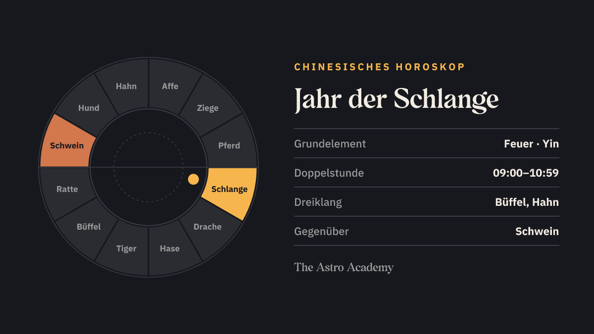 Kreis der zwölf chinesischen Tierzeichen, Schlange hervorgehoben, gegenüber Schwein.