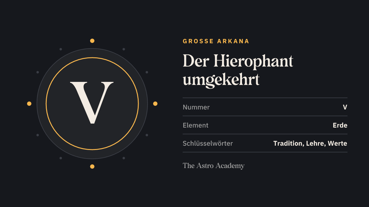 Grafik zur Tarotkarte Der Hierophant: die römische Zahl V als Kartennummer der Großen Arkana, Seite zur umgekehrten Lage, dazu die Schlüsselwörter Tradition, Lehre, Werte