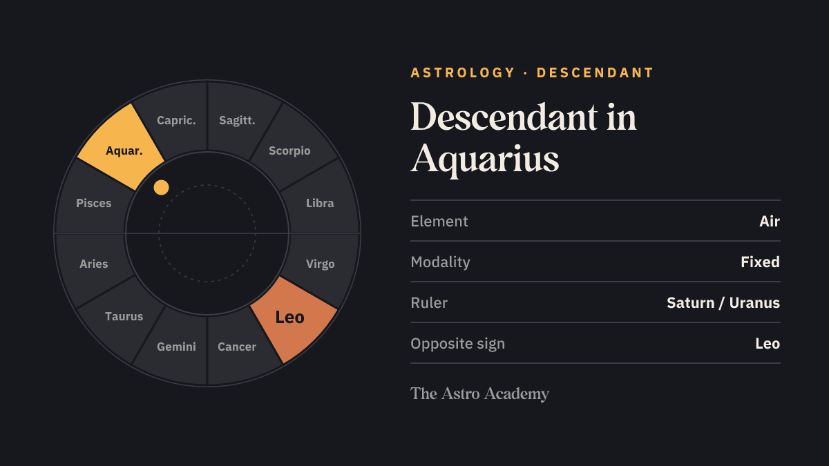 Zodiac wheel with twelve signs; Aquarius is highlighted, with Leo opposite marked more faintly — Descendant in Aquarius.