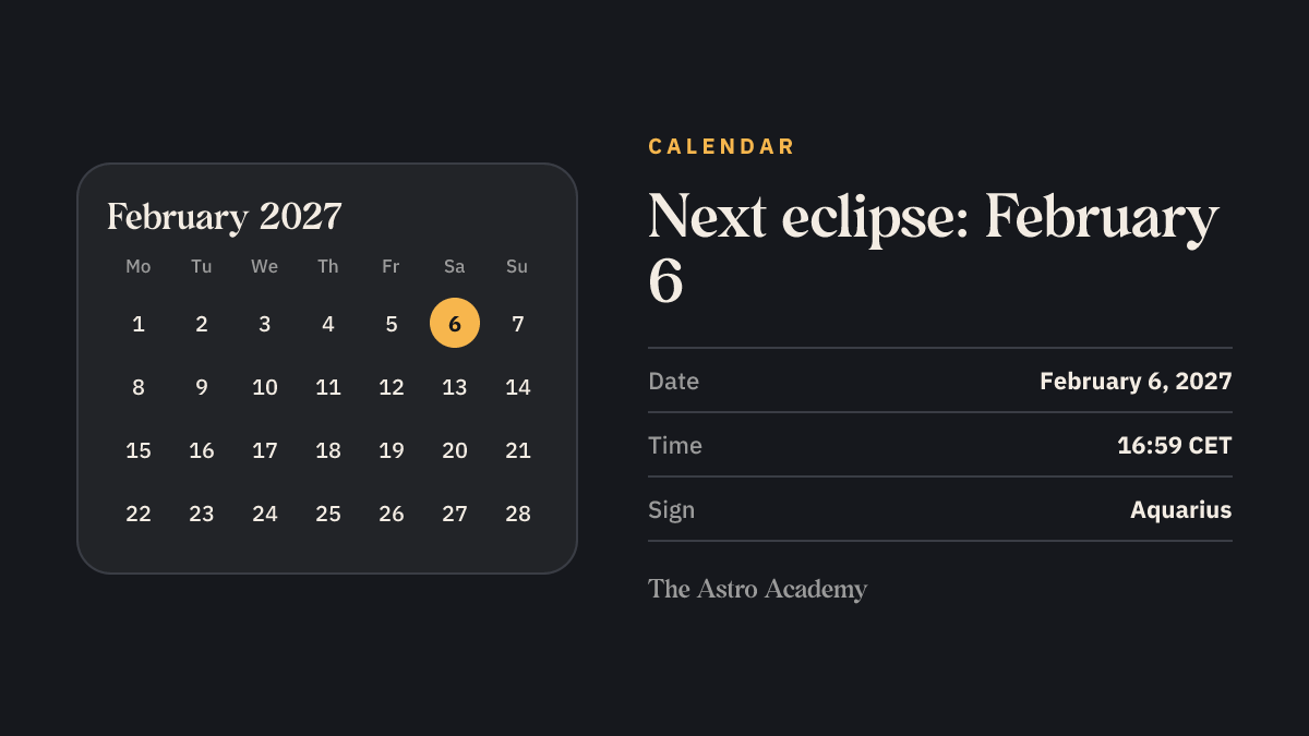 Calendar page with February 6, 2027 marked: Solar Eclipse in Aquarius