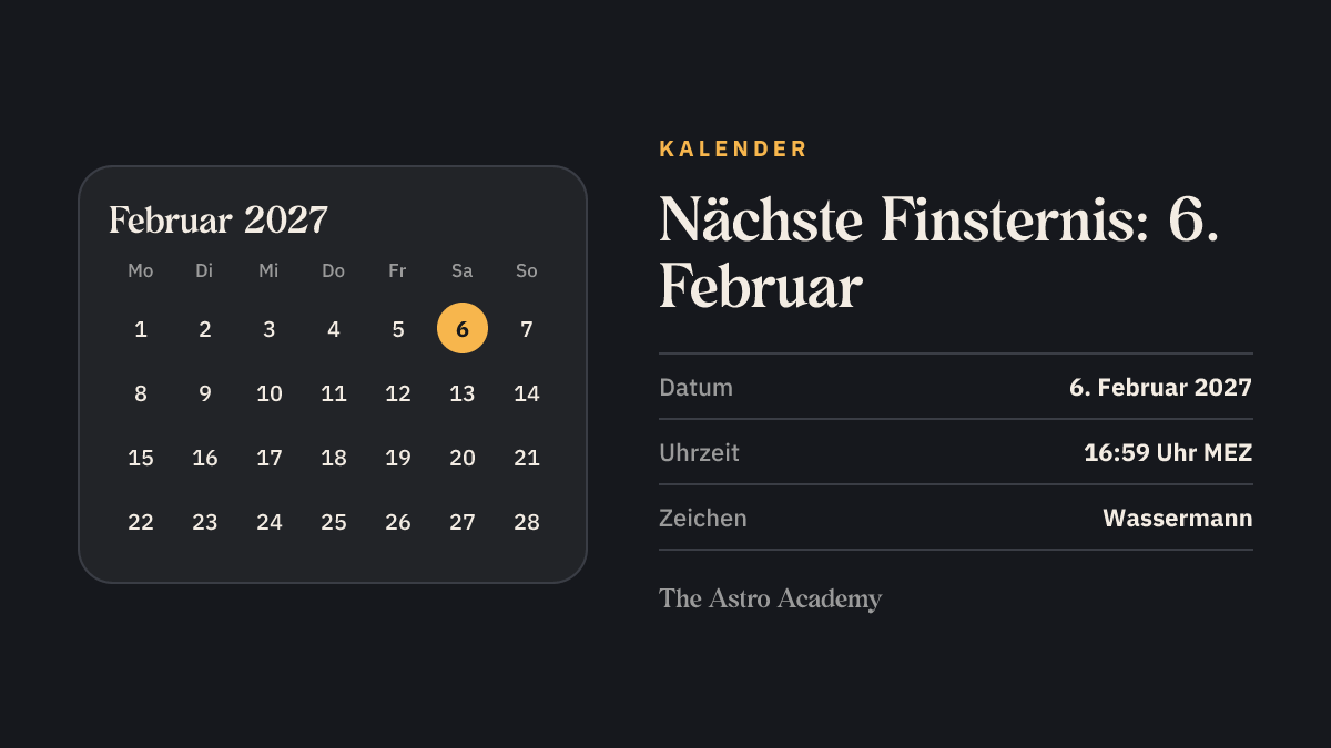 Kalenderblatt mit markiertem 6. Februar 2027: Sonnenfinsternis in Wassermann