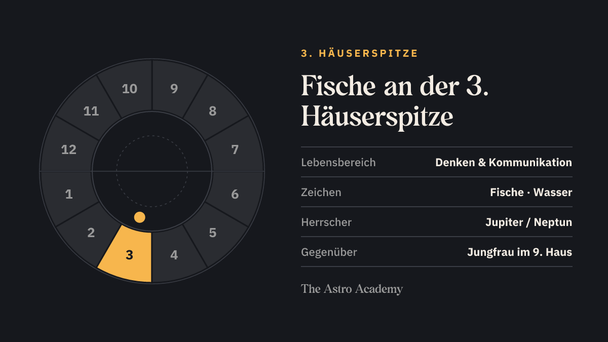 Häuserrad mit hervorgehobenem 3. Haus, an dessen Spitze Fische steht; gegenüber liegt Jungfrau im 9. Haus