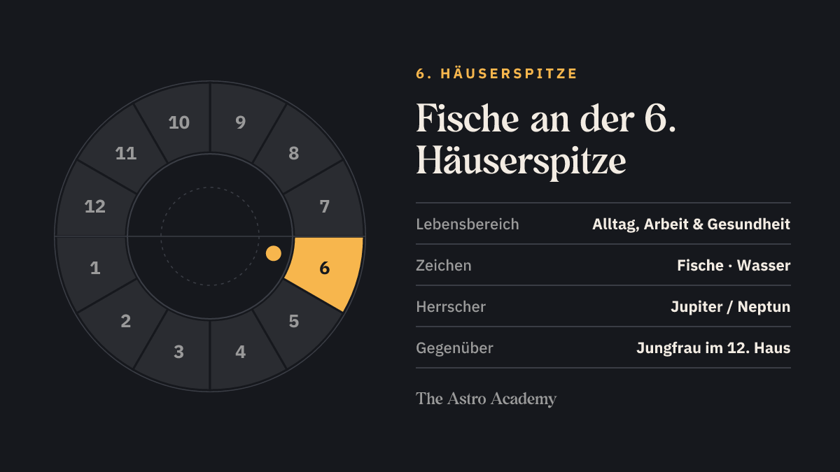 Häuserrad mit hervorgehobenem 6. Haus, an dessen Spitze Fische steht; gegenüber liegt Jungfrau im 12. Haus