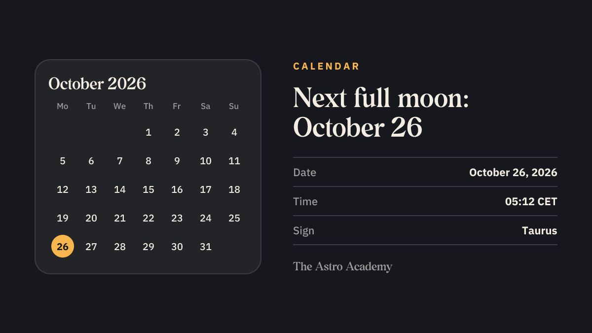 Calendar page with October 26, 2026 marked: Full Moon in Taurus