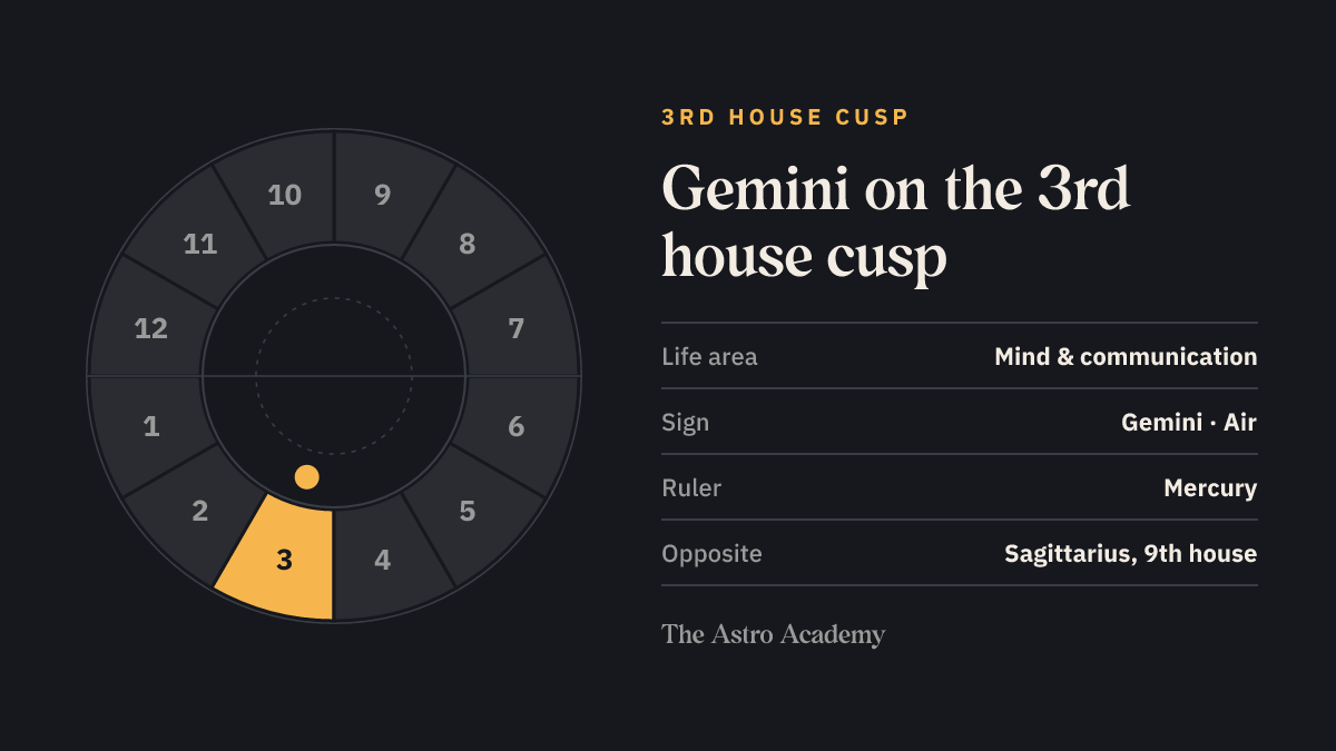 House wheel with the 3rd house highlighted, with Gemini on its cusp; opposite sits Sagittarius on the 9th house