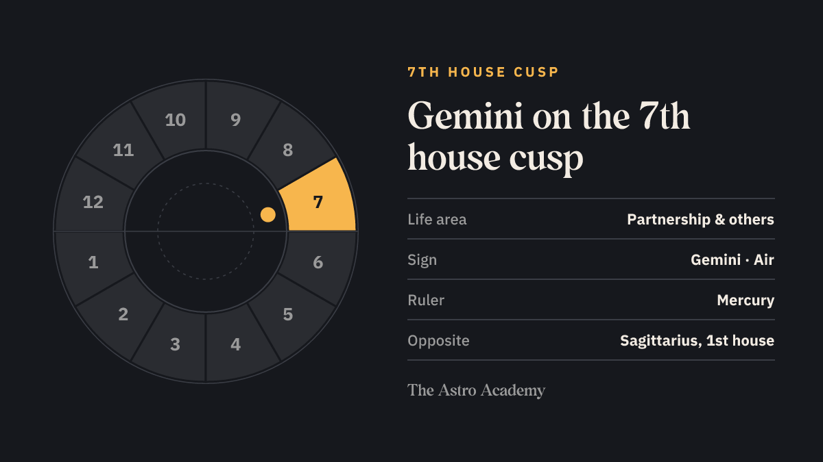 House wheel with the 7th house highlighted, with Gemini on its cusp; opposite sits Sagittarius on the 1st house