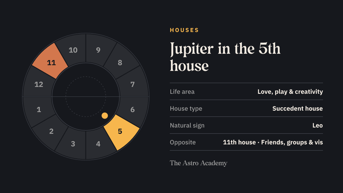 House wheel with twelve sections: the 5th house, where Jupiter sits, is highlighted together with the opposite 11th house