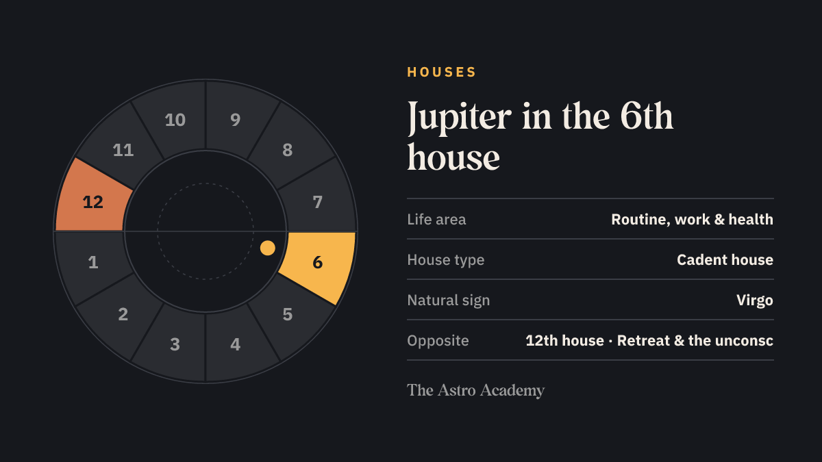 House wheel with twelve sections: the 6th house, where Jupiter sits, is highlighted together with the opposite 12th house