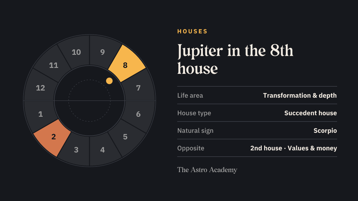 House wheel with twelve sections: the 8th house, where Jupiter sits, is highlighted together with the opposite 2nd house