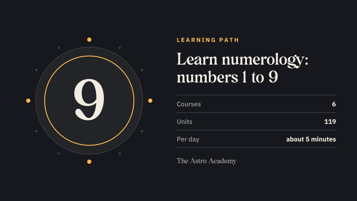 Graphic with the digit 9 as the last of the nine core numbers — numerology learning path with 6 courses and 119 units