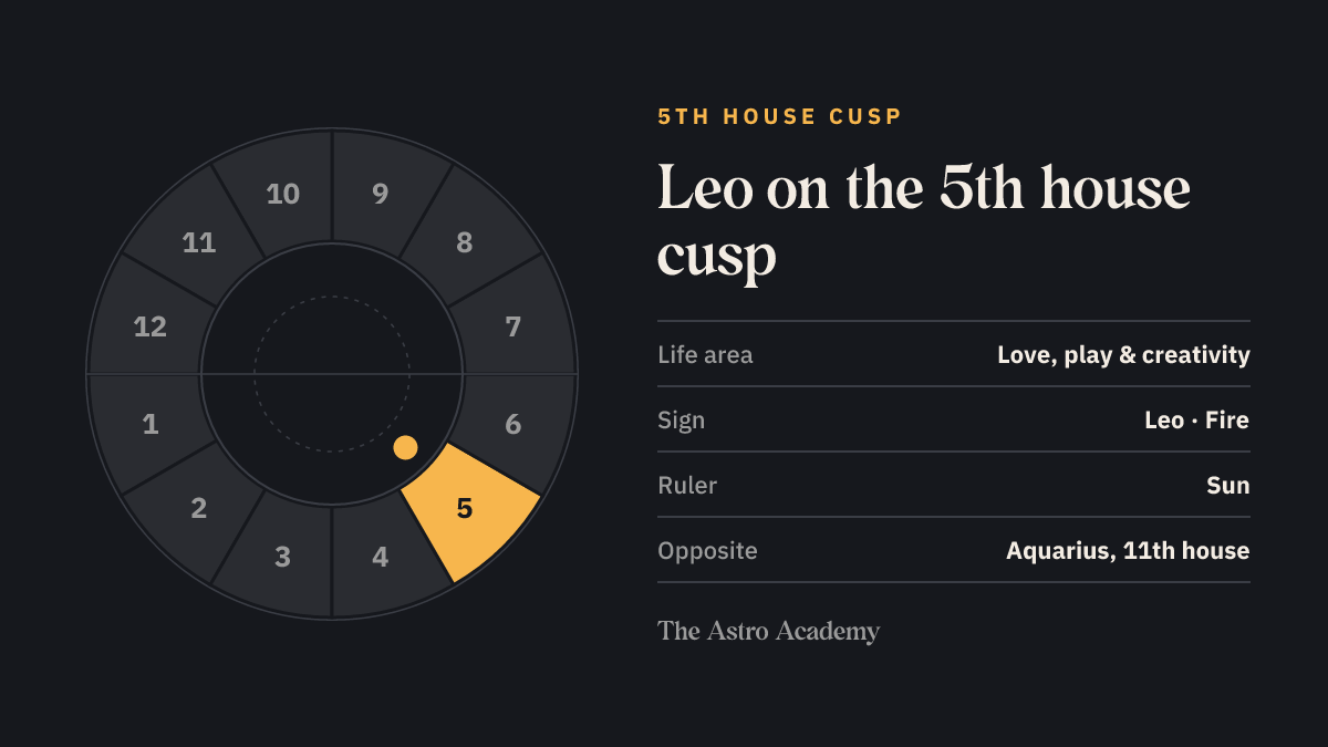 House wheel with the 5th house highlighted, with Leo on its cusp; opposite sits Aquarius on the 11th house