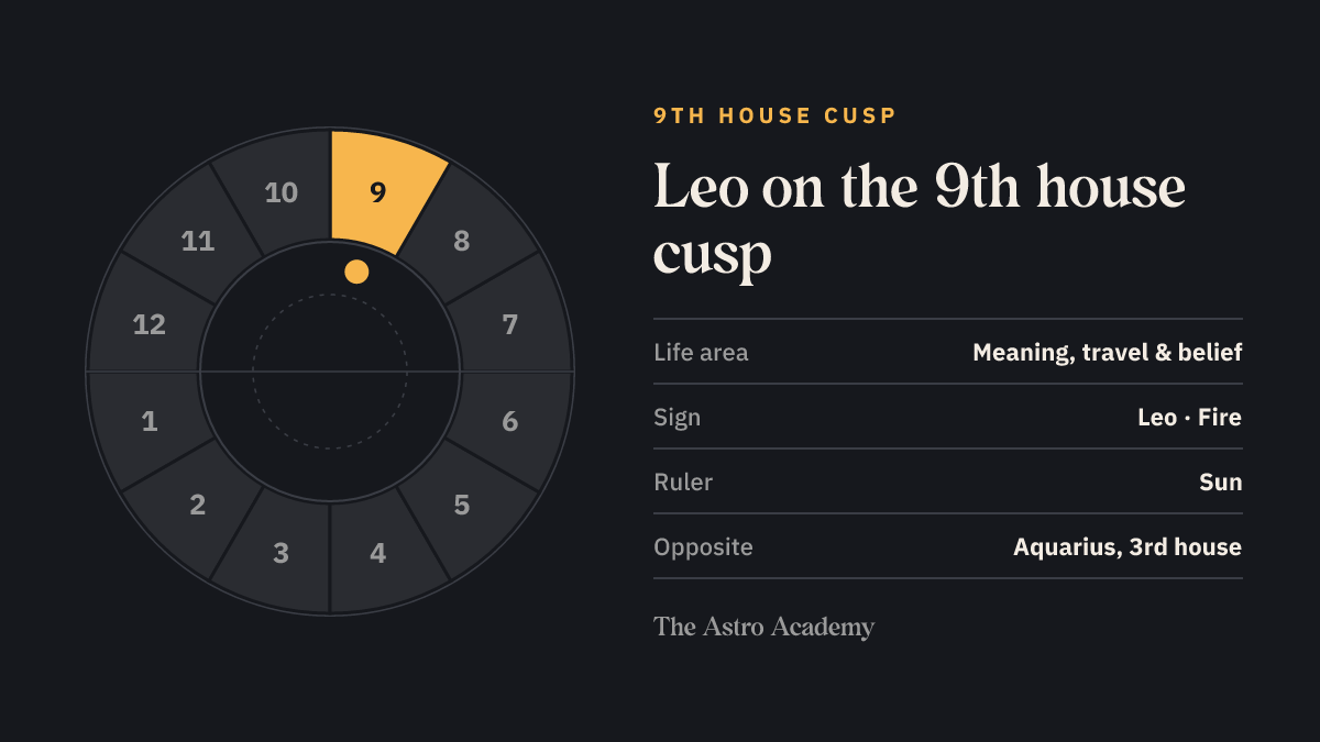House wheel with the 9th house highlighted, with Leo on its cusp; opposite sits Aquarius on the 3rd house