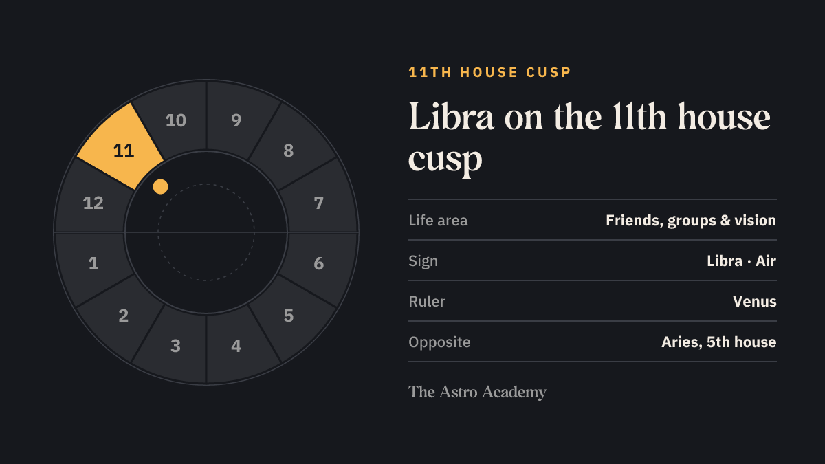 House wheel with the 11th house highlighted, with Libra on its cusp; opposite sits Aries on the 5th house