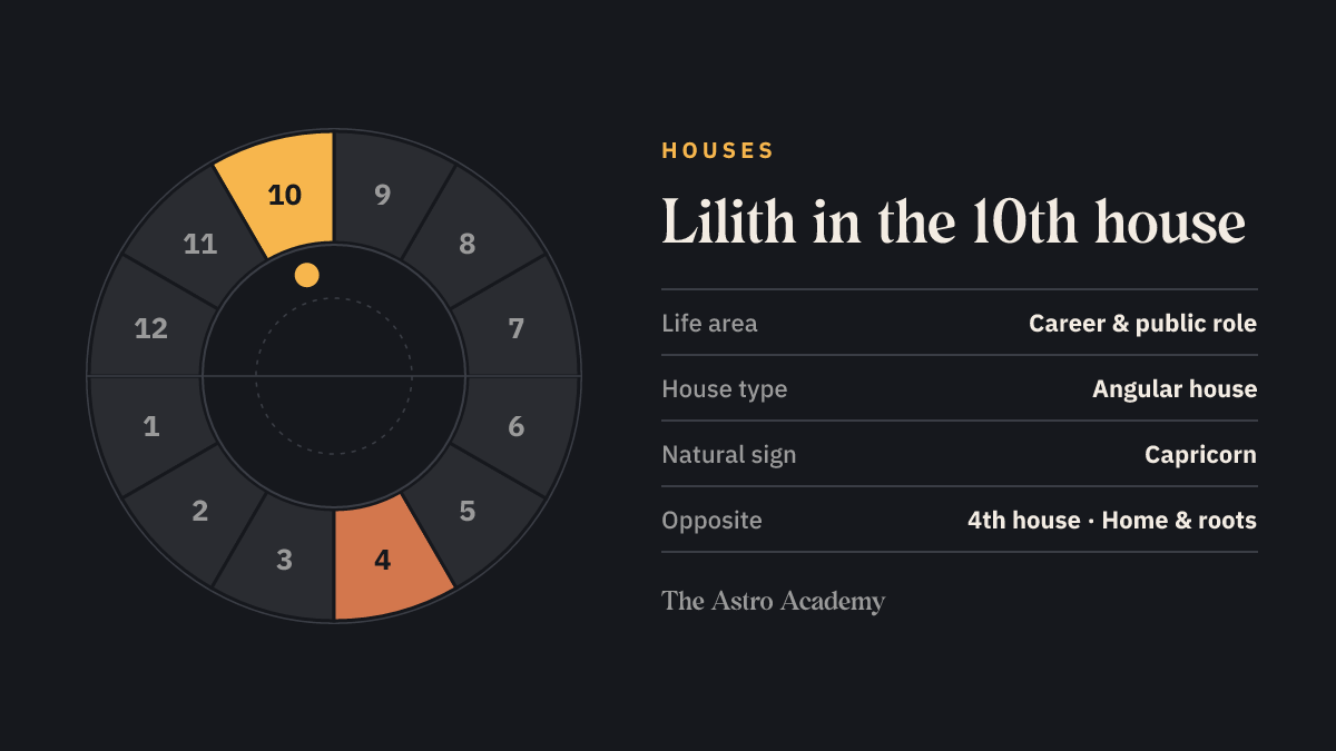House wheel with twelve sections: the 10th house, where Lilith sits, is highlighted together with the opposite 4th house