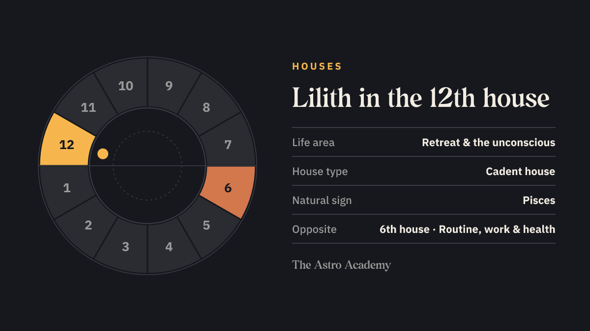 House wheel with twelve sections: the 12th house, where Lilith sits, is highlighted together with the opposite 6th house