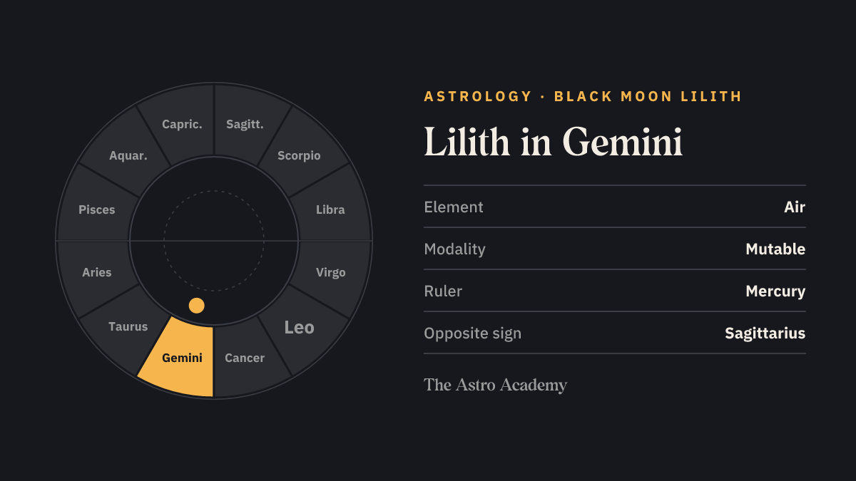 Zodiac wheel with twelve signs; Gemini is highlighted — Lilith in Gemini.