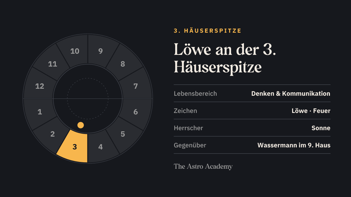 Häuserrad mit hervorgehobenem 3. Haus, an dessen Spitze Löwe steht; gegenüber liegt Wassermann im 9. Haus