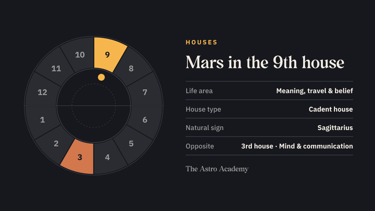 House wheel with twelve sections: the 9th house, where Mars sits, is highlighted together with the opposite 3rd house