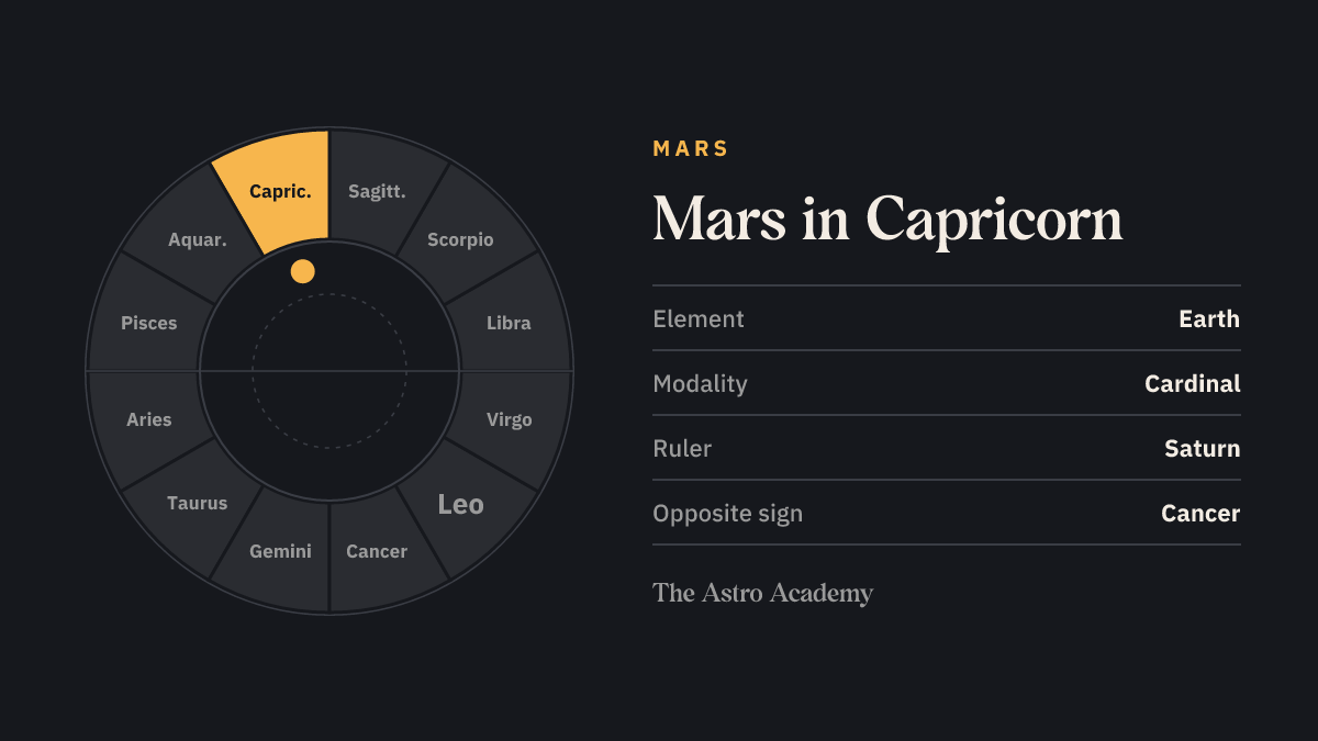 Zodiac wheel with twelve signs; Capricorn is highlighted — Mars in Capricorn, a earth sign.