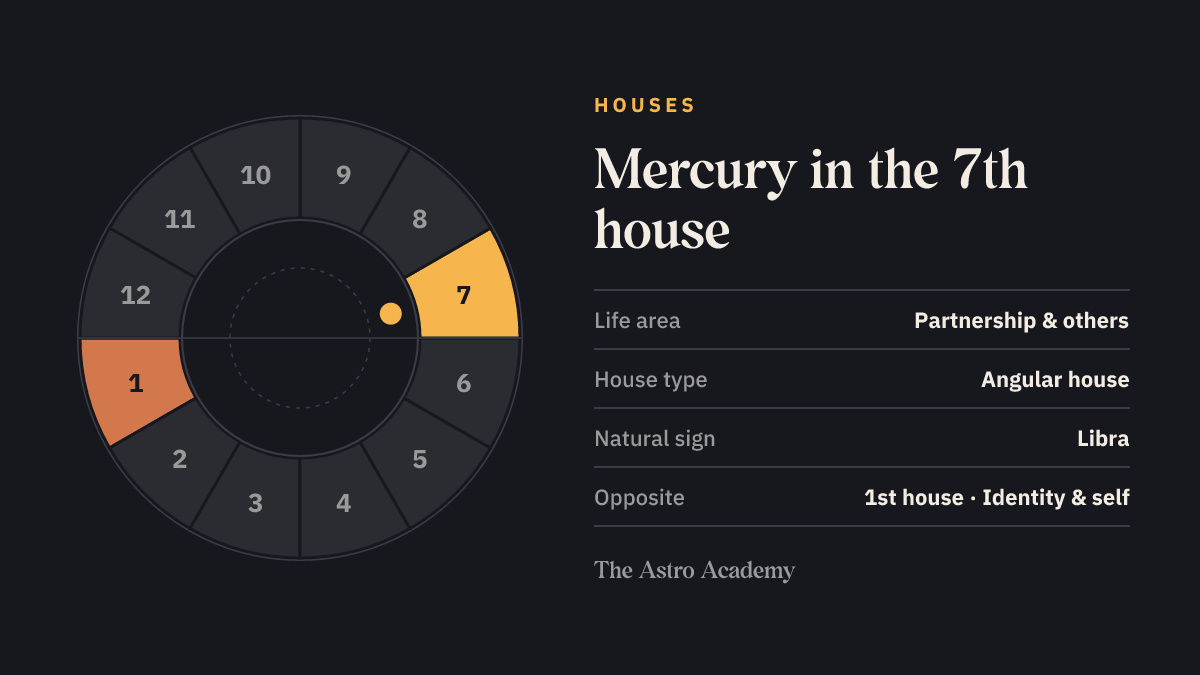 House wheel with twelve sections: the 7th house, where Mercury sits, is highlighted together with the opposite 1st house