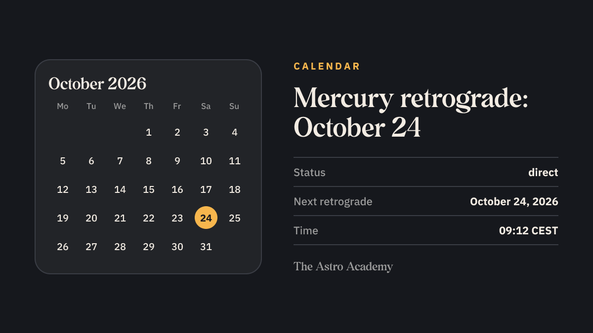 Calendar page with October 24, 2026 marked: the day Mercury stations retrograde