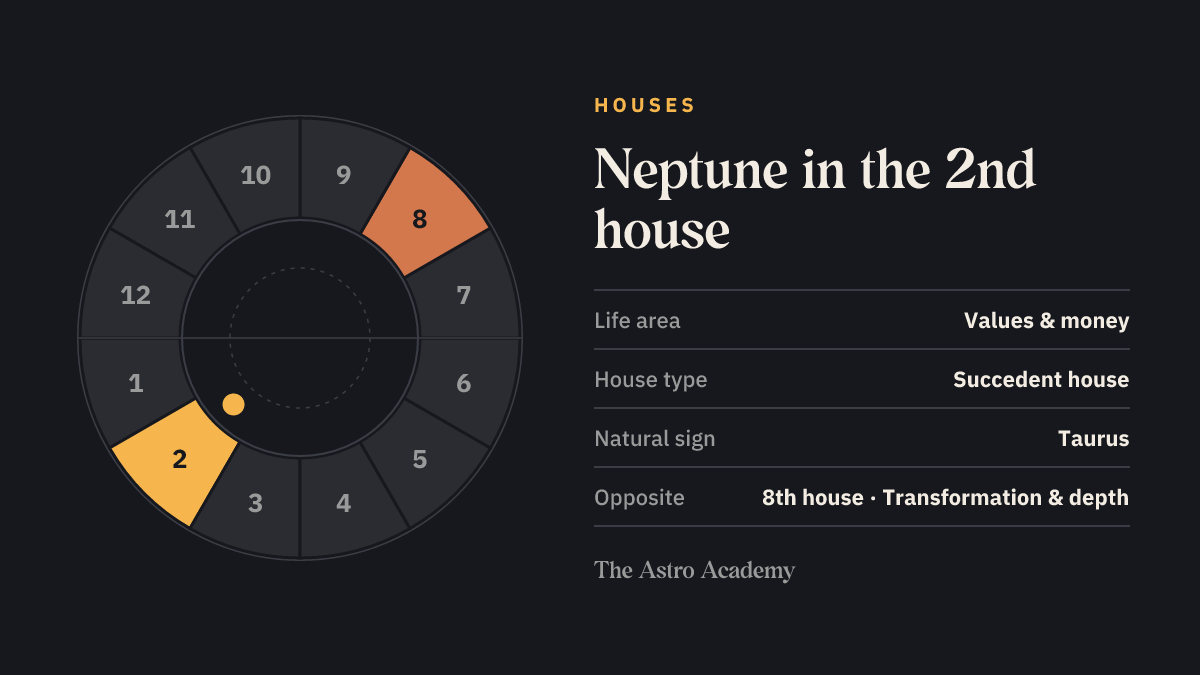 House wheel with twelve sections: the 2nd house, where Neptune sits, is highlighted together with the opposite 8th house