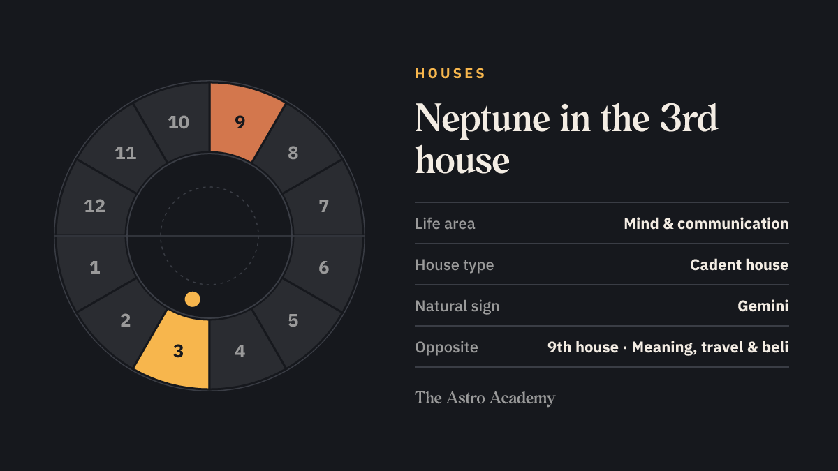 House wheel with twelve sections: the 3rd house, where Neptune sits, is highlighted together with the opposite 9th house