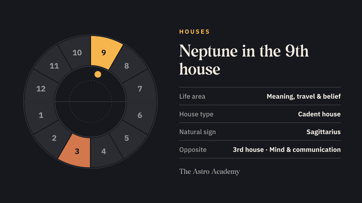 House wheel with twelve sections: the 9th house, where Neptune sits, is highlighted together with the opposite 3rd house