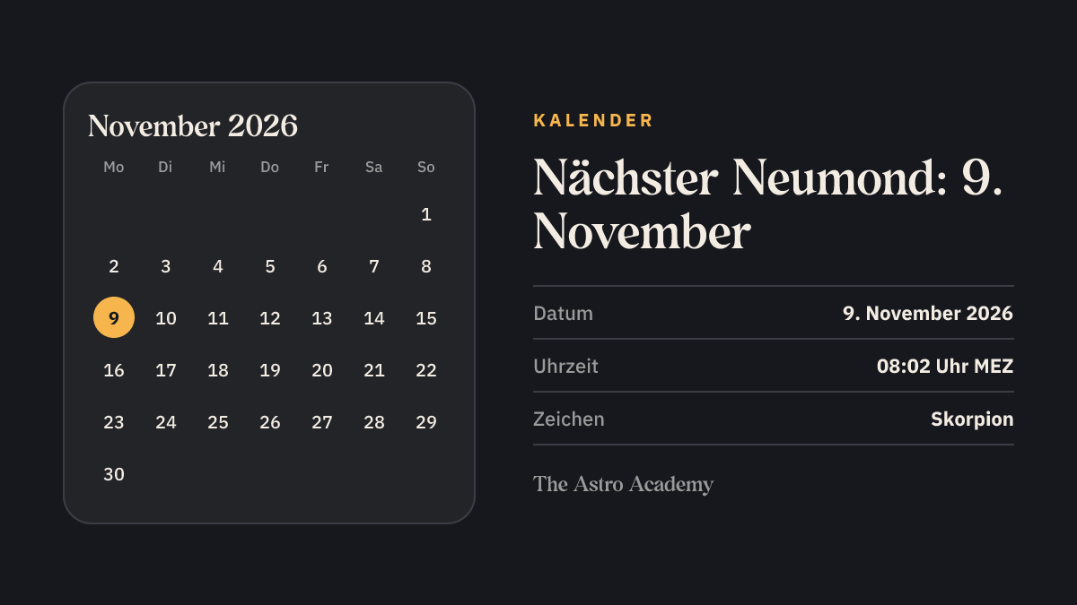 Kalenderblatt mit markiertem 9. November 2026: Neumond in Skorpion