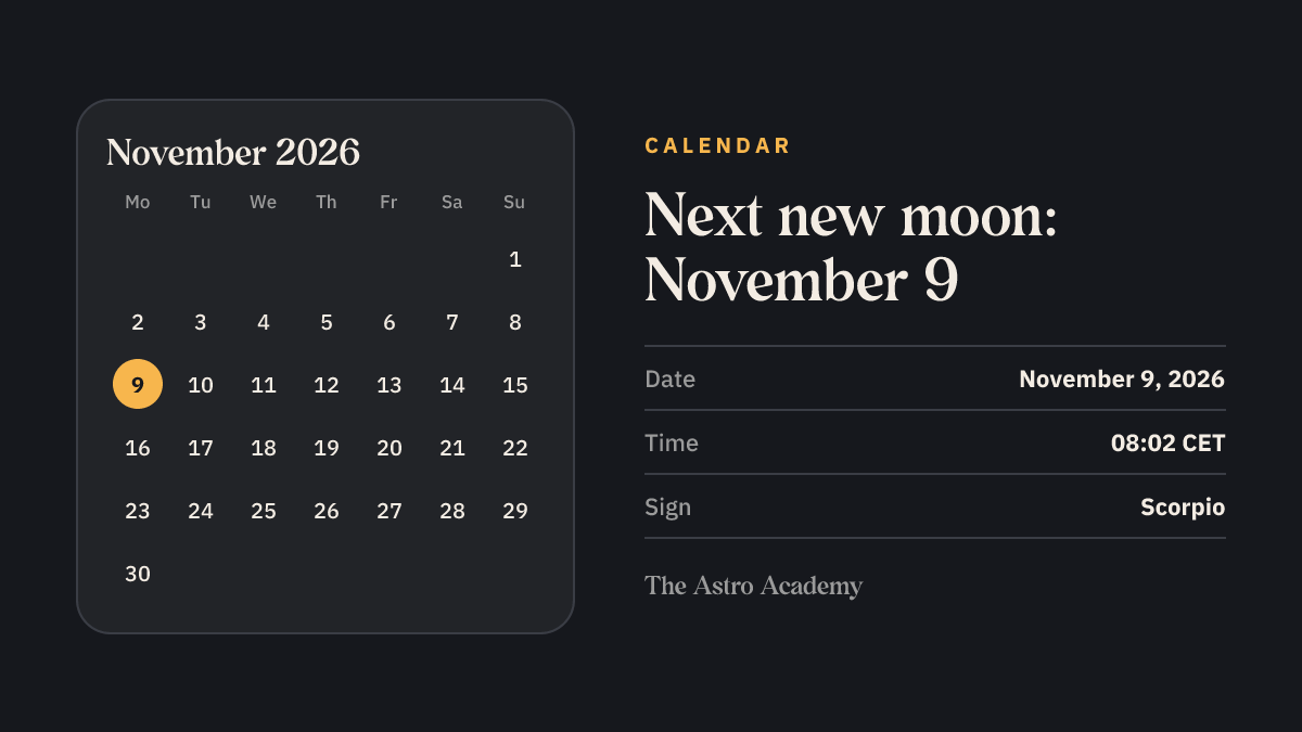 Calendar page with November 9, 2026 marked: New Moon in Scorpio