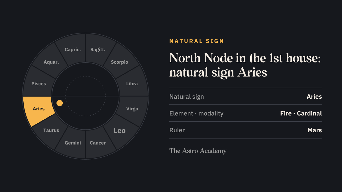 Zodiac wheel with Aries highlighted, the natural sign of the 1st house, where the North Node sits