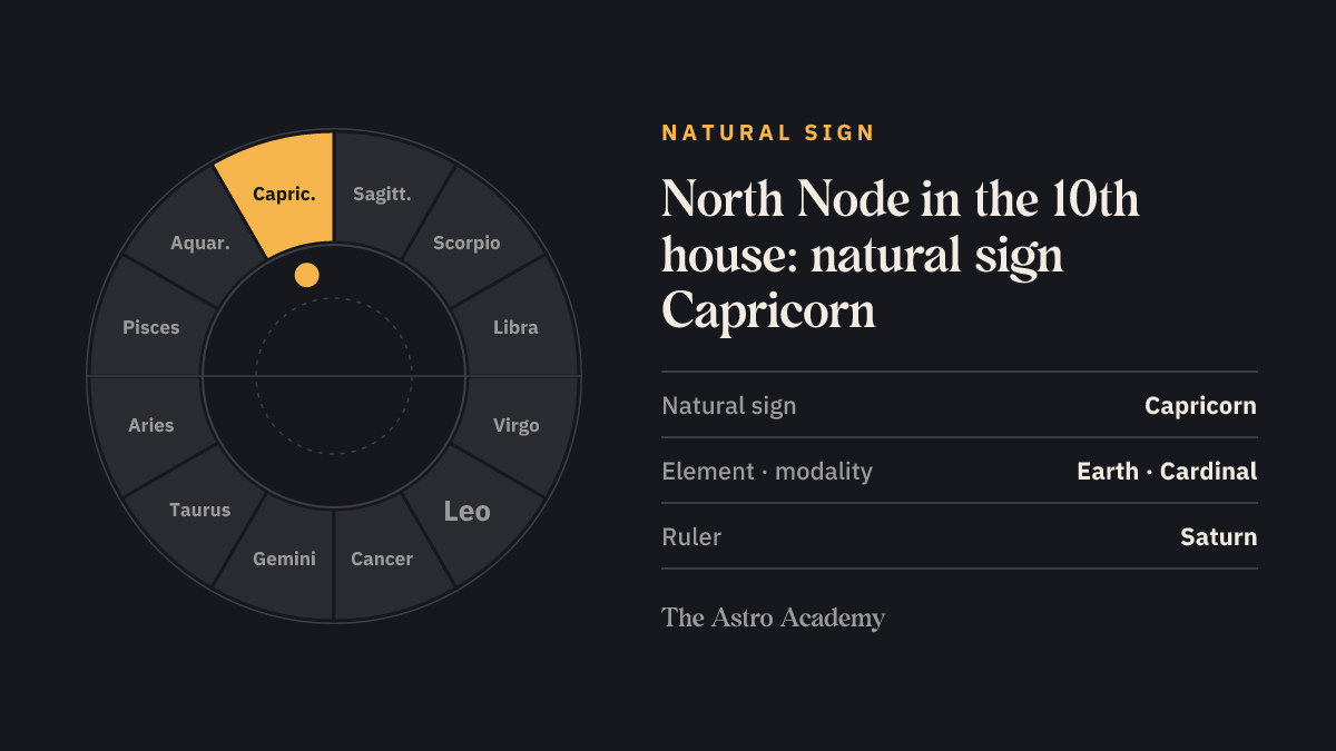 Zodiac wheel with Capricorn highlighted, the natural sign of the 10th house, where the North Node sits
