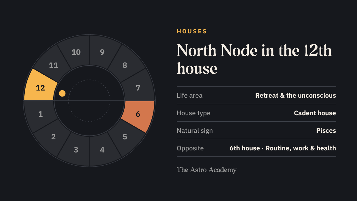 House wheel with twelve sections: the 12th house, where the North Node sits, is highlighted together with the opposite 6th house