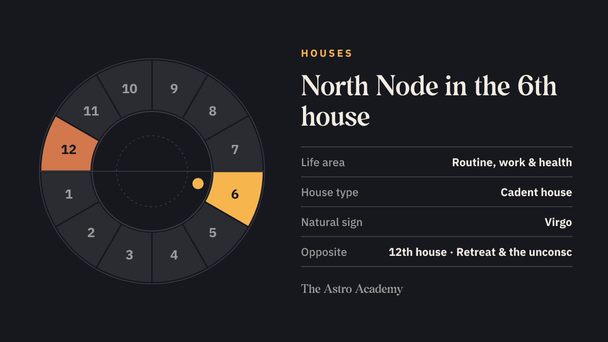 House wheel with twelve sections: the 6th house, where the North Node sits, is highlighted together with the opposite 12th house