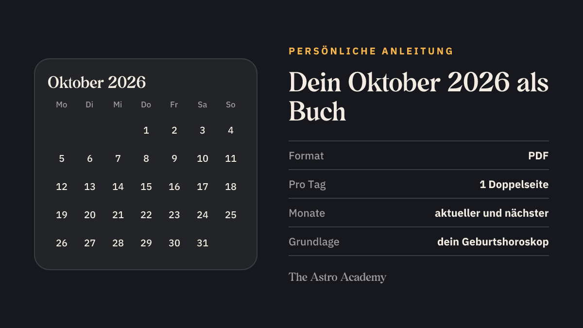 Monatskalender für Oktober 2026 als Grafik, daneben die Eckdaten der Persönlichen Anleitung: PDF, eine Doppelseite pro Tag, abrufbar für den aktuellen und den nächsten Monat, berechnet aus dem Geburtshoroskop